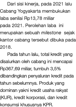 Dari sisi kinerja, pada 2021 lalu Cabang Yogyakarta membukukan laba senilai Rp13,78 miliar pada 2021  Perolehan laba    