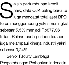 Selain pertumbuhan kredit naik, data OJK paling baru itu juga mencatat total aset BPD terus menggembung yakni meningk   