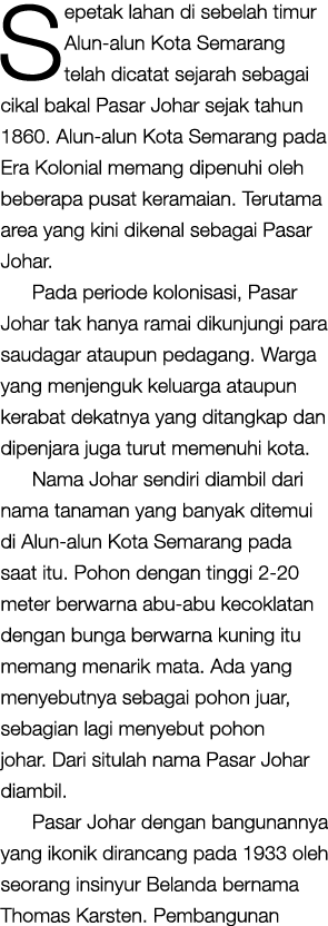 Sepetak lahan di sebelah timur Alun-alun Kota Semarang telah dicatat sejarah sebagai cikal bakal Pasar Johar sejak ta   