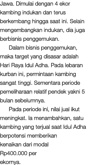 Jawa  Dimulai dengan 4 ekor kambing indukan dan terus berkembang hingga saat ini  Selain mengembangkan indukan, dia j   