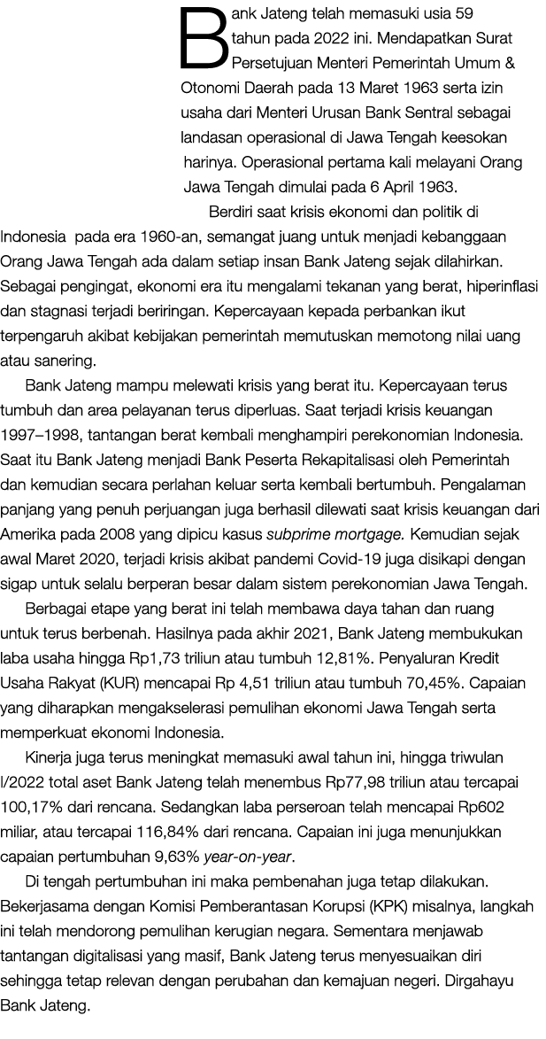 Bank Jateng telah memasuki usia 59 tahun pada 2022 ini  Mendapatkan Surat Persetujuan Menteri Pemerintah Umum & Otono   