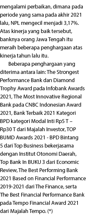 mengalami perbaikan, dimana pada periode yang sama pada akhir 2021 lalu, NPL mengecil menjadi 3,17%  Atas kinerja yan   