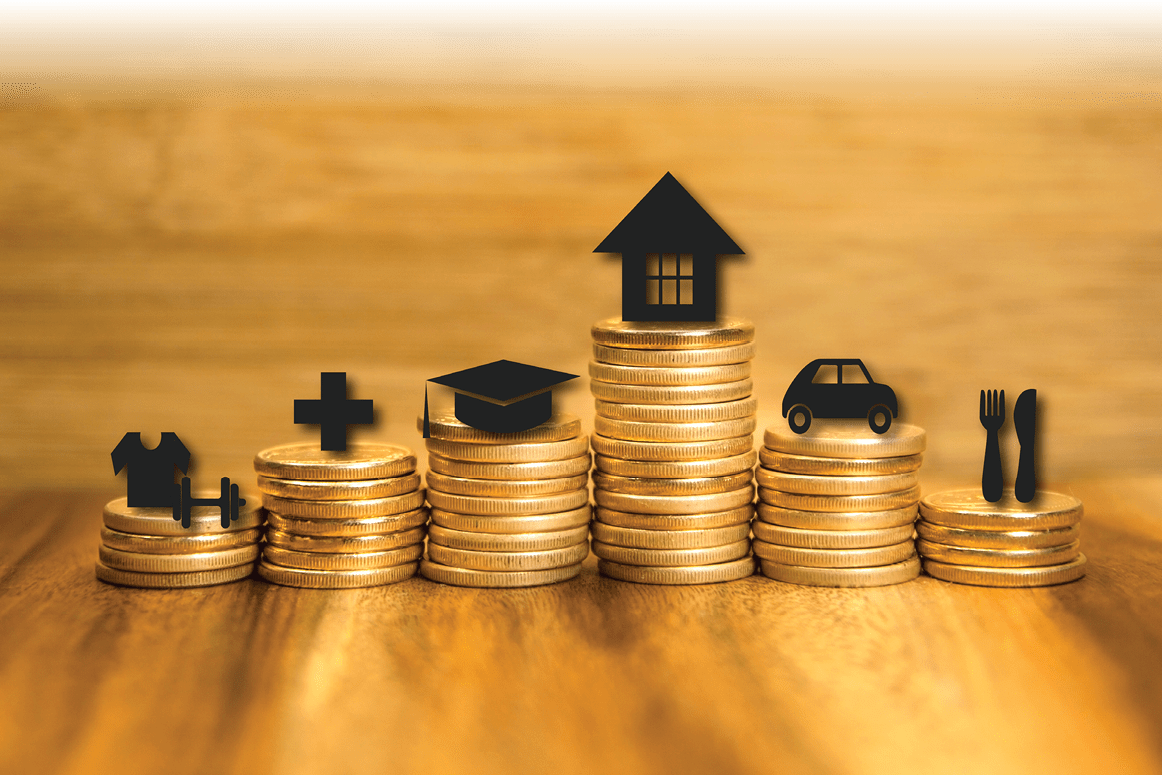 Personal expenses concept  Financial analysis background  Golden coins pile and icons  Photo and illustrations combined 