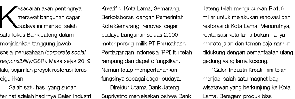 Kesadaran akan pentingnya merawat bangunan cagar budaya ini menjadi salah satu fokus Bank Jateng dalam menjalankan ta...
