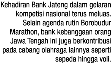 Kehadiran Bank Jateng dalam gelaran kompetisi nasional terus meluas. Selain agenda rutin Borobudur Marathon, bank keb...