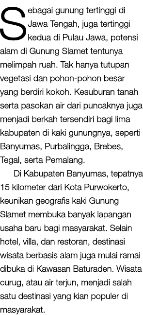 Sebagai gunung tertinggi di Jawa Tengah, juga tertinggi kedua di Pulau Jawa, potensi alam di Gunung Slamet tentunya m...