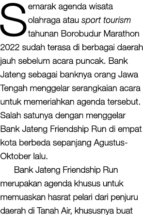 Semarak agenda wisata olahraga atau sport tourism tahunan Borobudur Marathon 2022 sudah terasa di berbagai daerah jau...
