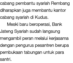 cabang pembantu syariah Rembang diharapkan juga membantu kantor cabang syariah di Kudus. Meski baru beroperasi, Bank ...