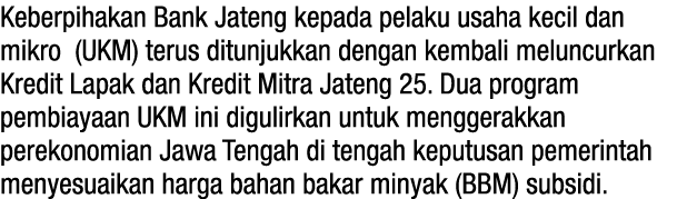 Keberpihakan Bank Jateng kepada pelaku usaha kecil dan mikro (UKM) terus ditunjukkan dengan kembali meluncurkan Kredi...