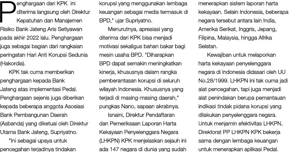 Penghargaan dari KPK ini diterima langsung oleh Direktur Kepatuhan dan Manajemen Risiko Bank Jateng Aris Setiyawan pa...