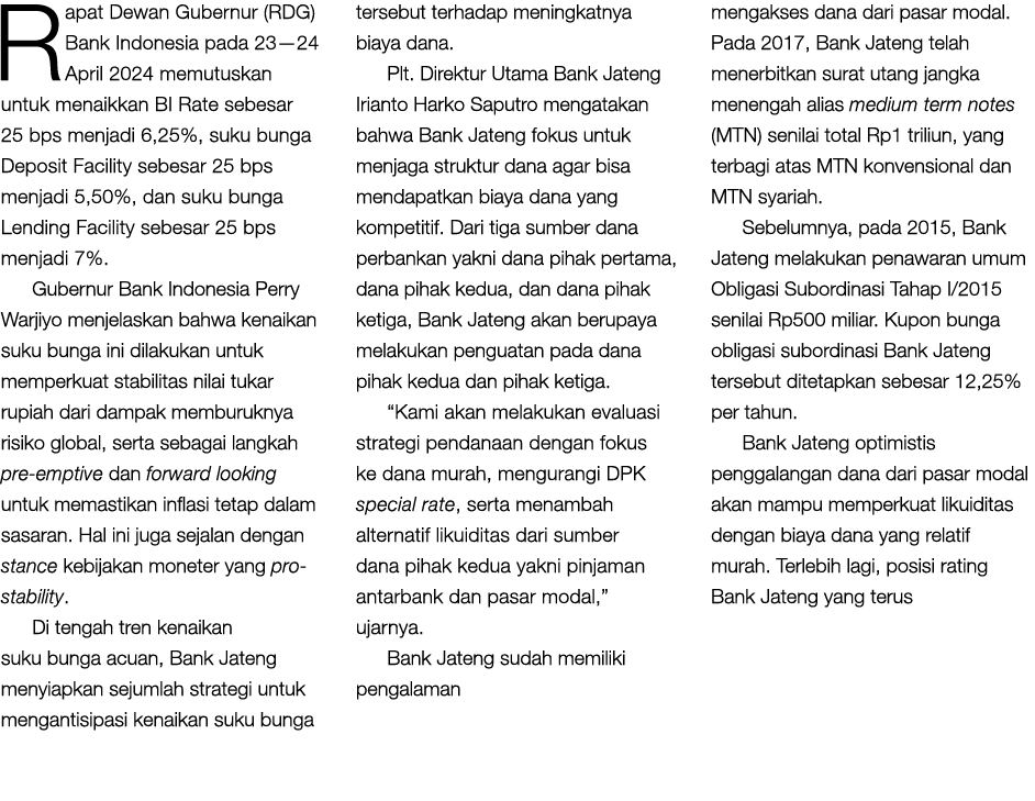 Rapat Dewan Gubernur (RDG) Bank Indonesia pada 23—24 April 2024 memutuskan untuk menaikkan BI Rate sebesar 25 bps men...