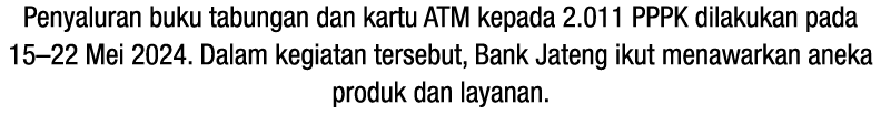 Penyaluran buku tabungan dan kartu ATM kepada 2.011 PPPK dilakukan pada 15–22 Mei 2024. Dalam kegiatan tersebut, Bank...