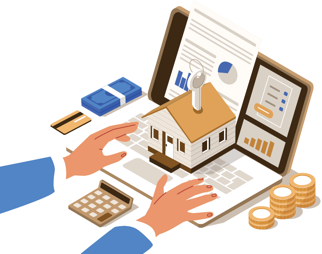 Character Buying new Home with Mortgage Approval Documents on Screen. People Invest Money in Real Estate Property. House Loan, Rent and Mortgage Concept. Flat Isometric Vector Illustration.