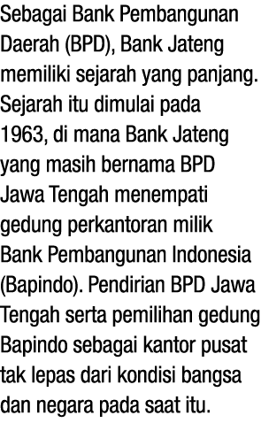 Sebagai Bank Pembangunan Daerah (BPD), Bank Jateng memiliki sejarah yang panjang. Sejarah itu dimulai pada 1963, di m...