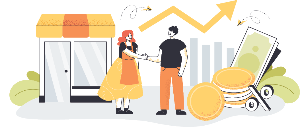 Money lender giving loan to female small business or shop owner. Cash and coins, financial planning flat vector illustration. Banking, finances, debt, help concept for banner or landing web page