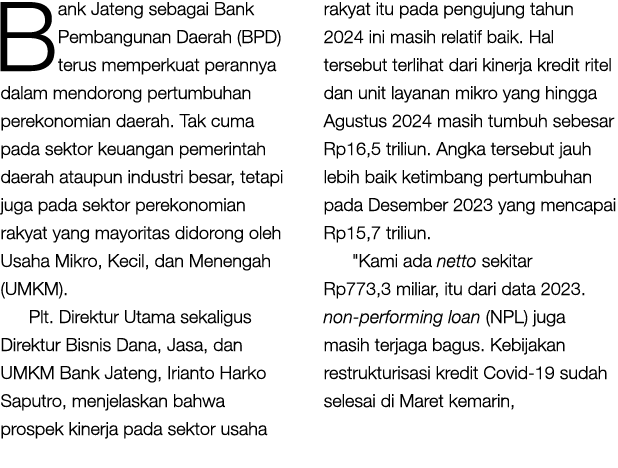 Bank Jateng sebagai Bank Pembangunan Daerah (BPD) terus memperkuat perannya dalam mendorong pertumbuhan perekonomian ...