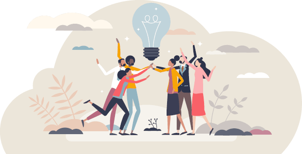 Teamwork creative success and business idea development tiny person concept. Creativity and innovation as key for successful marketing or new product vector illustration. Goal collaboration together.