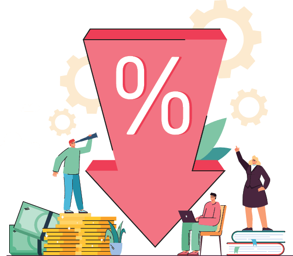 Tiny people and arrow of loan interest rate or price going down. Male and female characters looking for sales and discounts flat vector illustration. Profit, special offer, reduction in cost concept