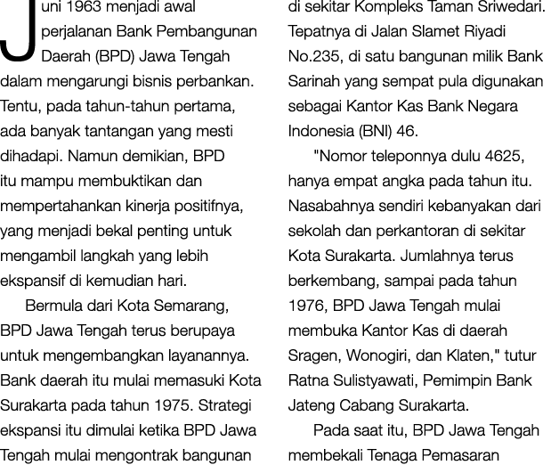 Juni 1963 menjadi awal perjalanan Bank Pembangunan Daerah (BPD) Jawa Tengah dalam mengarungi bisnis perbankan. Tentu,...