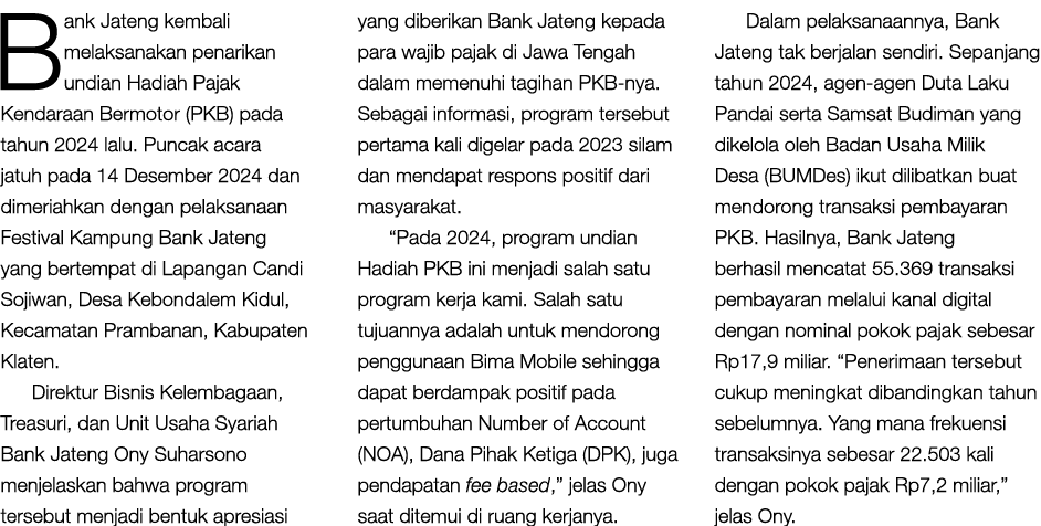 Bank Jateng kembali melaksanakan penarikan undian Hadiah Pajak Kendaraan Bermotor (PKB) pada tahun 2024 lalu. Puncak ...