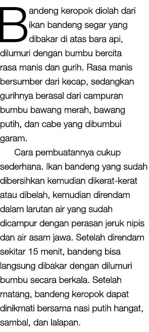 Bandeng keropok diolah dari ikan bandeng segar yang dibakar di atas bara api, dilumuri dengan bumbu bercita rasa mani...