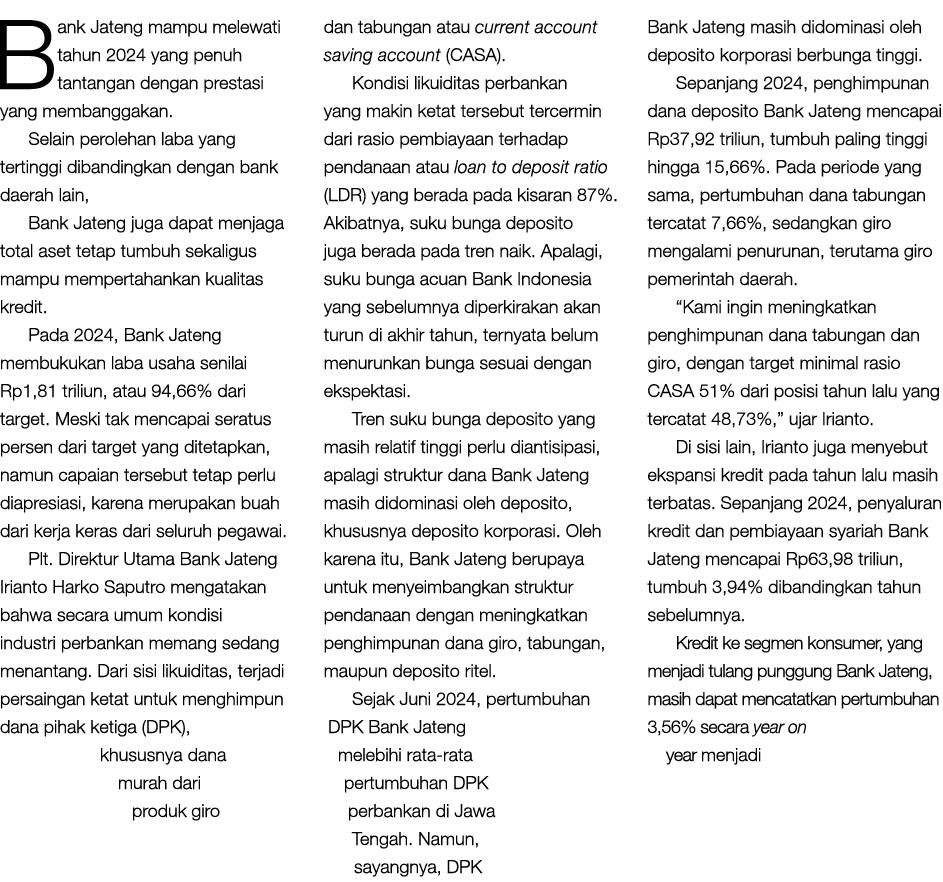 Bank Jateng mampu melewati tahun 2024 yang penuh tantangan dengan prestasi yang membanggakan. Selain perolehan laba y...