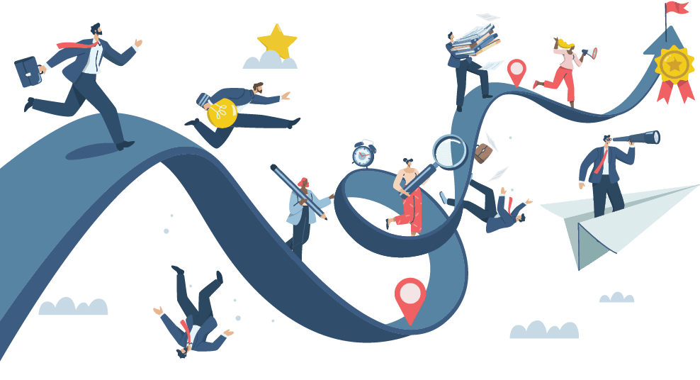 Business competition, Opportunities or pursuit of success , Competition of skills or abilities to be successful in career or work, Many business people run on the business paths going up and down.