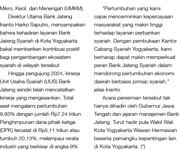 Mikro, Kecil, dan Menengah (UMKM). Direktur Utama Bank Jateng Irianto Harko Saputro, menyampaikan bahwa kehadiran lay...