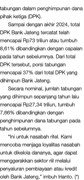 tabungan dalam penghimpunan dana pihak ketiga (DPK). Sampai dengan akhir 2024, total DPK Bank Jateng tercatat telah m...