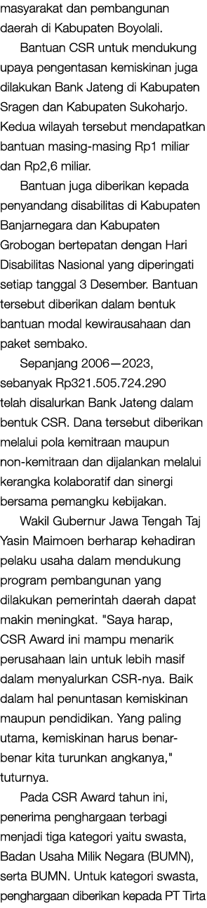 masyarakat dan pembangunan daerah di Kabupaten Boyolali. Bantuan CSR untuk mendukung upaya pengentasan kemiskinan jug...