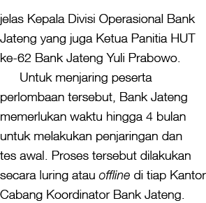 jelas Kepala Divisi Operasional Bank Jateng yang juga Ketua Panitia HUT ke 62 Bank Jateng Yuli Prabowo. Untuk menjari...