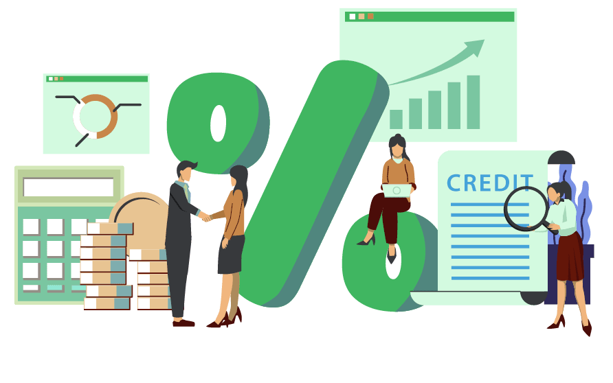 Bank loan, credit agreement. Tiny people and big percent sign. Discount, loyalty program, promotion. Good interest rate. Lending of organization or entity. Personal loans with interest-free periods
