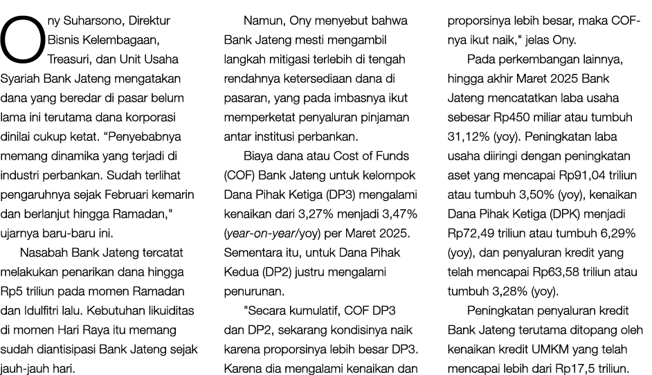 Ony Suharsono, Direktur Bisnis Kelembagaan, Treasuri, dan Unit Usaha Syariah Bank Jateng mengatakan dana yang beredar...