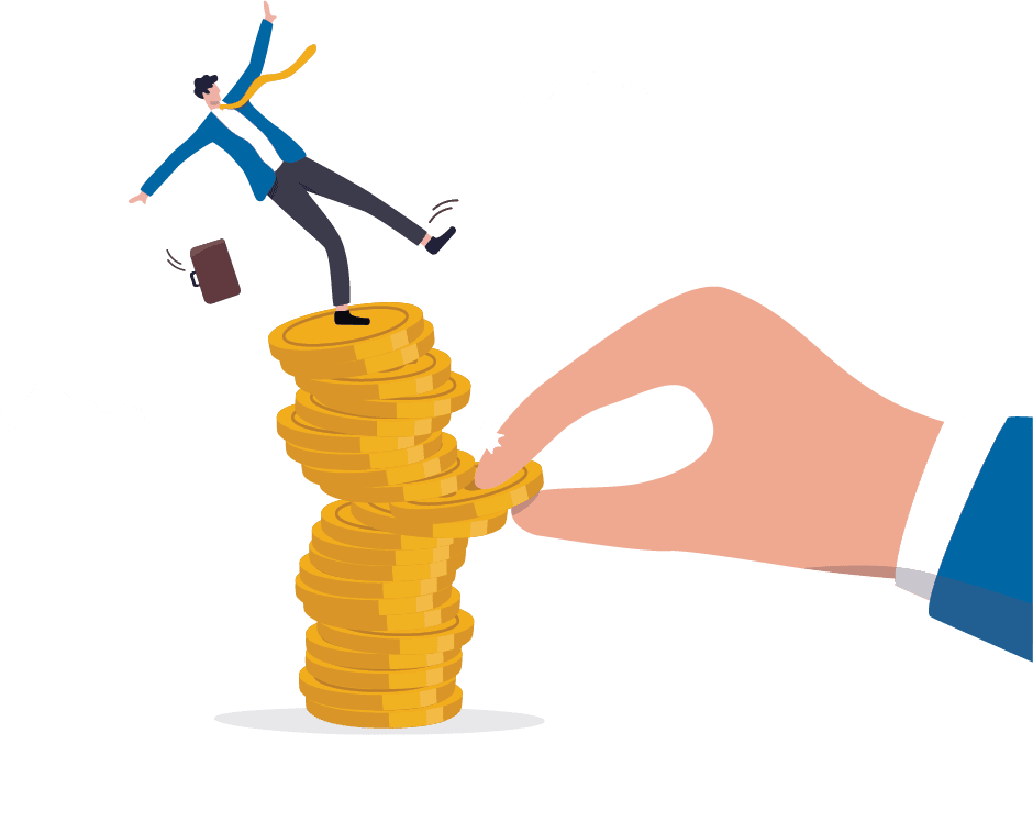 Investment risk from stock market crash, pull money or liquidity back, market volatility, unstable and uncertainty concept, giant hand pull back money from coin stack causing investor to fall down.