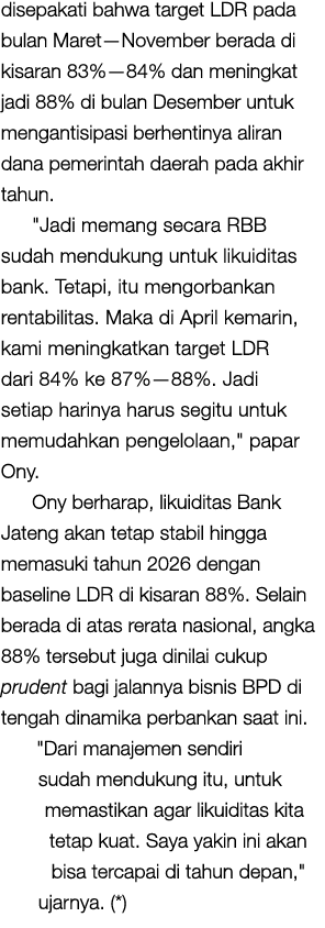 disepakati bahwa target LDR pada bulan Maret—November berada di kisaran 83%—84% dan meningkat jadi 88% di bulan Desem...
