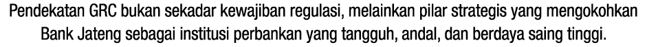 Pendekatan GRC bukan sekadar kewajiban regulasi, melainkan pilar strategis yang mengokohkan Bank Jateng sebagai insti...