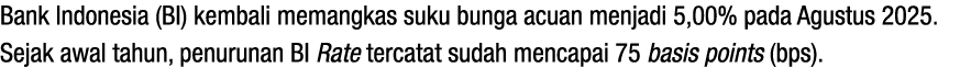 Bank Indonesia (BI) kembali memangkas suku bunga acuan menjadi 5,00% pada Agustus 2025. Sejak awal tahun, penurunan B...