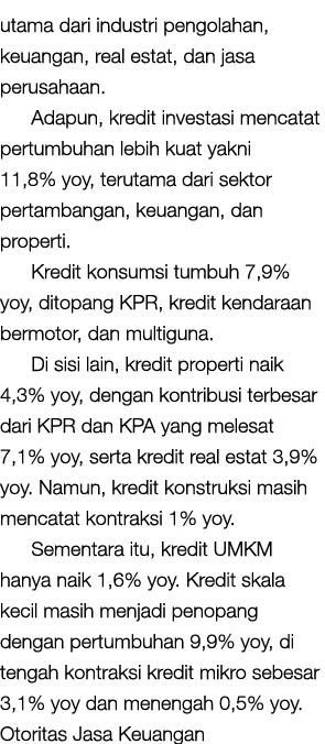 utama dari industri pengolahan, keuangan, real estat, dan jasa perusahaan. Adapun, kredit investasi mencatat pertumbu...