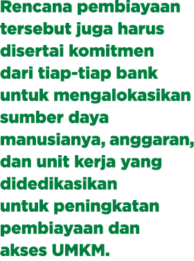 Rencana pembiayaan tersebut juga harus disertai komitmen dari tiap tiap bank untuk mengalokasikan sumber daya manusia...