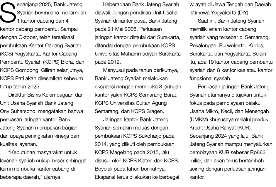 Sepanjang 2025, Bank Jateng Syariah berencana menambah 1 kantor cabang dan 4 kantor cabang pembantu. Sampai dengan Ok...